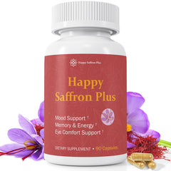 Happy Saffron Plus bottle with capsules pouring, suggesting mood and energy support.