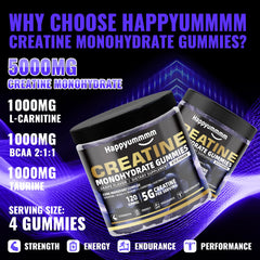 Happyummmm creatine gummies grape closeup shows tasty 5g dose per gummy.
