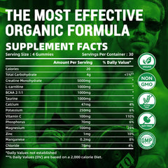 Happyummmm creatine gummy apple bottle label highlighting vegan, gluten-free ingredients.