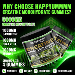 Happyummmm creatine gummy apple gummies closeup showing convenient daily performance support.