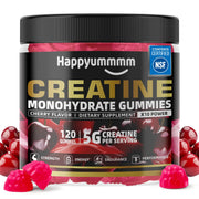 Happyummmm Creatine Gummy jar close-up showing cherry flavor for on-the-go use.