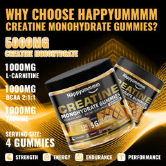 Serving close-up of Happyummmm gummies highlighting focus and endurance potential.