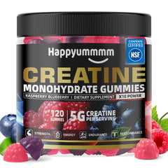 Happyummmm Creatine Gummy bottle shows raspberry blackberry flavor for daily on-the-go support