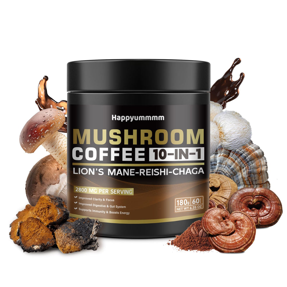 Happyummmm mushroom coffee packaging for daily energy.