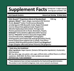 Harmony Nutraceuticals Calm Bowels capsules emphasizing relief potential for GI wellness.
