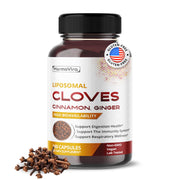 HarmoVira liposomal cloves bottle highlights digestive comfort and immune support.