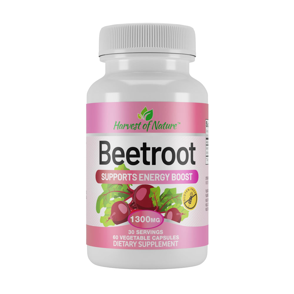 Harvest of Nature Beet Root 1300mg bottle front showing vegan capsules for daily energy