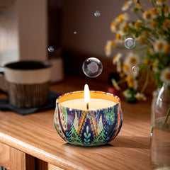 Hausware rose candle tin creates floral ambiance for relaxation and mood lift.