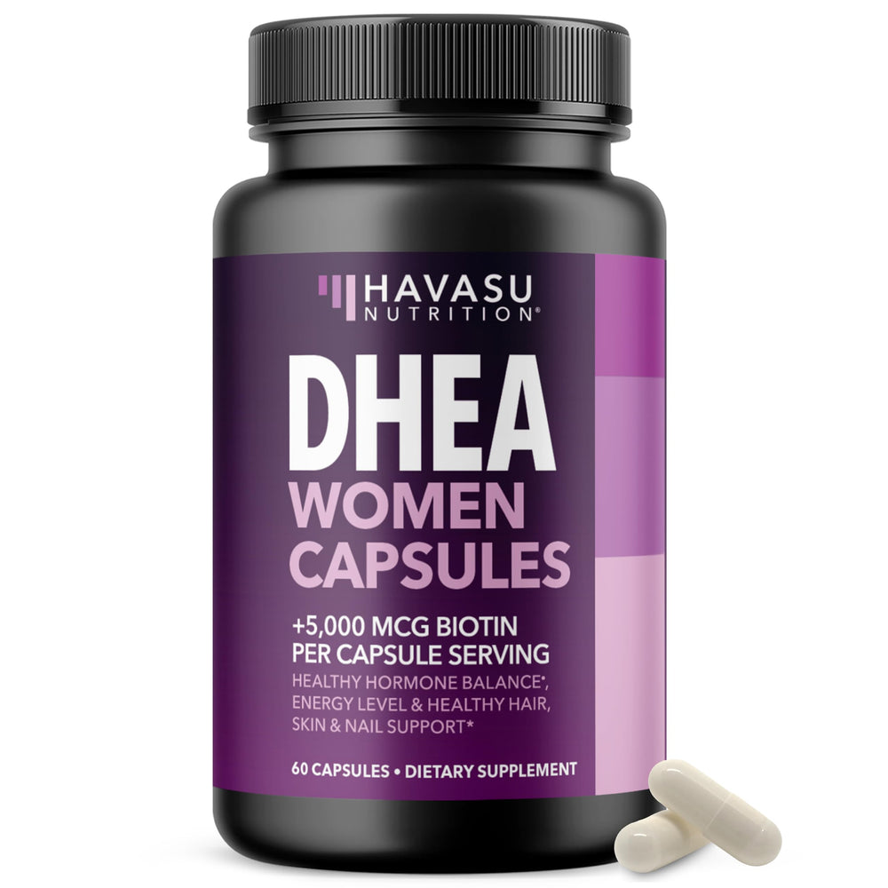HAVASU NUTRITION DHEA bottle visual, highlighting hormone balance and supplement convenience.
