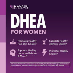 Havasu DHEA label detail, emphasizing vegan, non-GMO, gluten-free attributes.