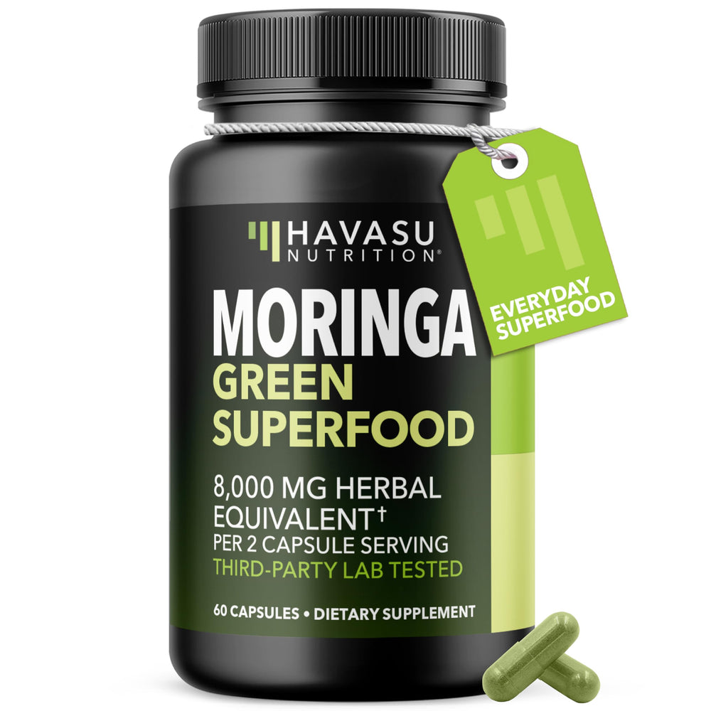 HAVASU NUTRITION Moringa capsules bottle with 800mg dosage for daily wellness.