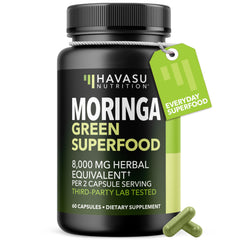 HAVASU NUTRITION Moringa capsules bottle with 800mg dosage for daily wellness.