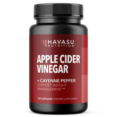 HAVASU Nutrition Apple Cider Vinegar capsules bottle shows easy, mess-free digestive support with vegan ingredients.