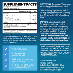HAVASU NUTRITION L-Arginine Gummies close-up, tangy sour berry flavor for pre-workout motivation.