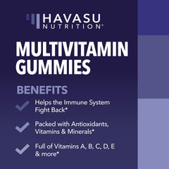 HAVASU Nutrition multivitamin gummies closeup of berry shapes for tasty daily wellness.