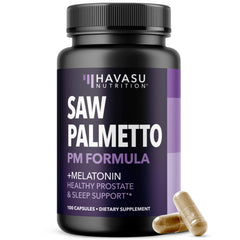 Havasu Nutrition Saw Palmetto PM bottle on nightstand supports nighttime comfort