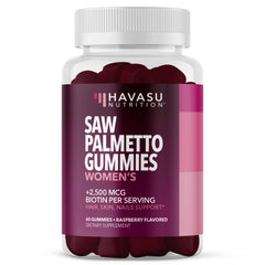 HAVASU NUTRITION Saw Palmetto gummies bottle displaying raspberry flavor for daily hair support.