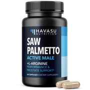 HAVASU NUTRITION Saw Palmetto 500mg bottle close-up for prostate health support.