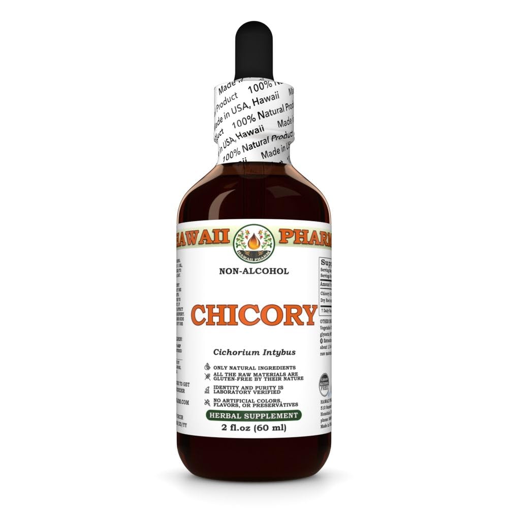Hawaii Pharm Chicory dry root bottle on a counter showcases a natural, alcohol-free extract.