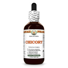 Hawaii Pharm Chicory dry root bottle on a counter showcases a natural, alcohol-free extract.