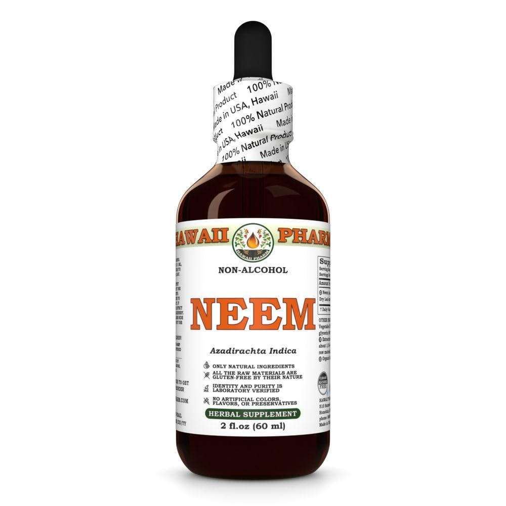 HawaiiPharm Neem Alcohol-Free Liquid Extract bottle showcases a pure glycerite for everyday use.