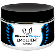 HawkGrips emollient cream vanilla bottle demonstrates smooth glide for therapy sessions.