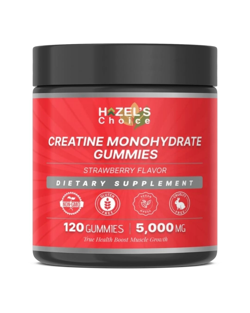 HAZEL'S Choice Creatine Gummies strawberry flavor bottle for convenient daily energy support