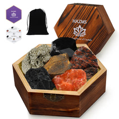 Hazms wooden box crystal set on display, showcasing calm energy and organization