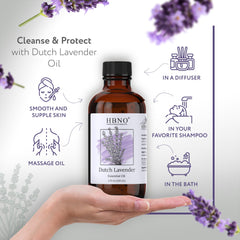 HBNO California Dutch Lavender bottle label closeup showcases premium quality and origin.