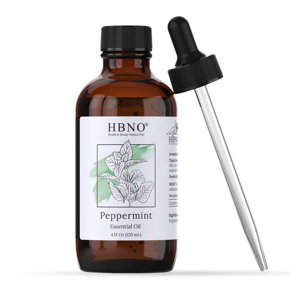 HBNO peppermint oil bottle with dropper for precise application and aromatherapy.