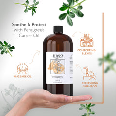 HBNO Fenugreek Oil 960ml bottle pour, easy dispensing for crafting soaps and lotions.