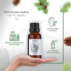 HBNO fir needle essential oil amber glass close-up for clean scent and quality.
