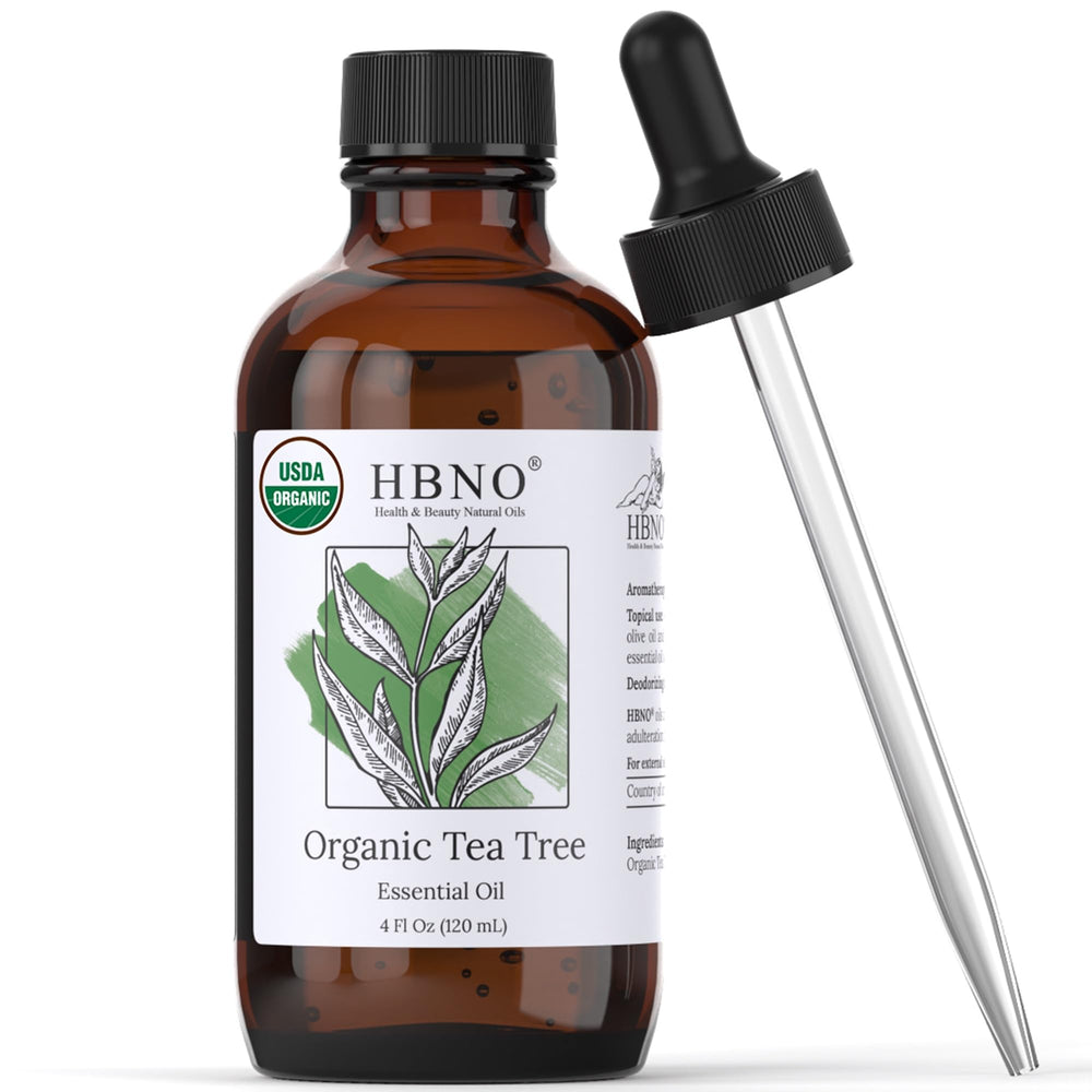 HBNO tea tree oil bottle closeup showcases purity for skin and hair use.