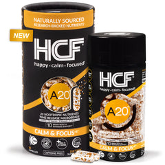 HCF A20 bottle displaying microbead brain health formula for daily focus support.