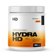 HD MUSCLE HydraHD Tangerine bottle highlights essential electrolytes for sustained hydration during workouts.
