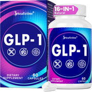 Heafetine GLP-1 bottle shows the 16-in-1 formula for gut support.