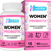 Heafetine women's probiotic bottle close-up showing 300B CFUs and 15-in-1 blend for vaginal health.
