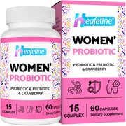 Heafetine women's probiotic bottle close-up showing 300B CFUs and 15-in-1 blend for vaginal health.