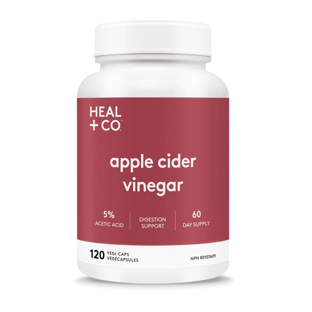 HEAL + CO. Apple Cider Vinegar 5:1 capsules bottle for convenient daily wellness.