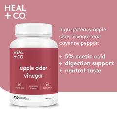 HEAL + CO. Apple Cider Vinegar 5:1 capsules pouring for easy daily use.