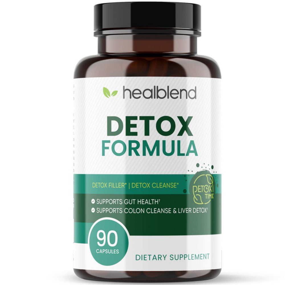 Healblend Detox Formula bottle with capsules for digestive support.