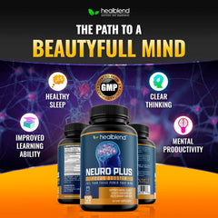 Healblend Neuro Plus packaging shows premium US-made brain support.