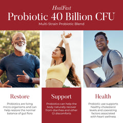 HealFast probiotic bottle label closeup shows potency and purity.