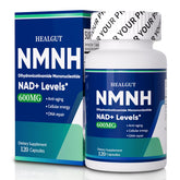 HEALGUT Pure NMNH bottle with capsules suggesting liposome delivery for NAD+ support.