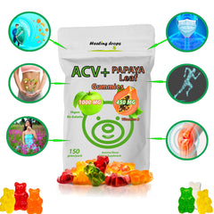 Healing Drops Papaya Gummies label highlights 450 mg 10:1 extract