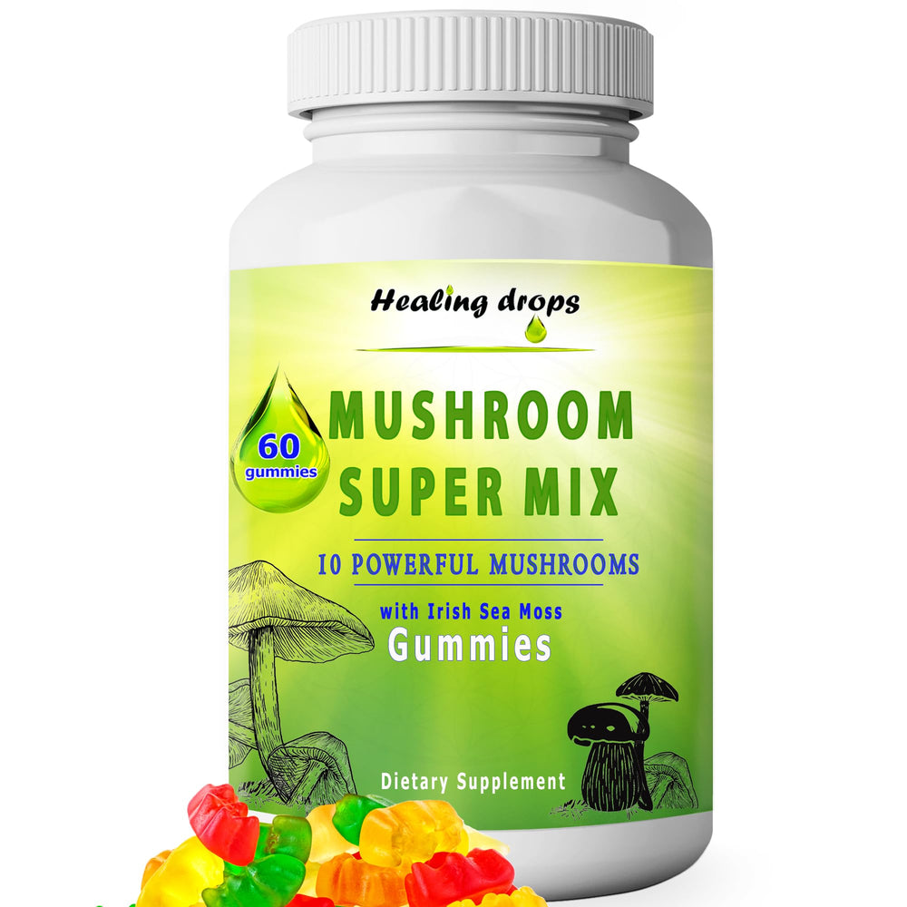 Healing Drops sea moss mushroom gummies bottle offers a convenient daily wellness option.