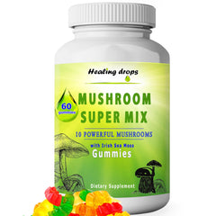 Healing Drops sea moss mushroom gummies bottle offers a convenient daily wellness option.