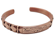Healing Lama hand-forged copper bracelet front view highlights durable craftsmanship and warm patina.