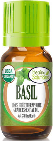 Healing Solutions Basil Essential Oil 10ml bottle ready for skin or diffuser use