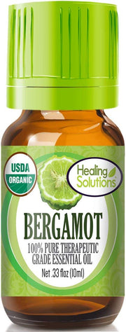 Healing Solutions bergamot oil bottle ready for diffusion, pure aroma for mood lift.